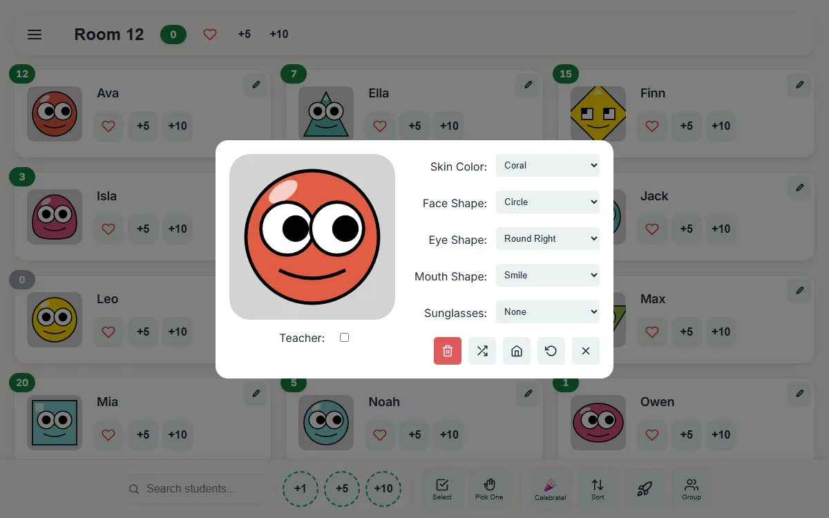 The avatar editor with options for face shape, eyes, mouth, glasses and colour