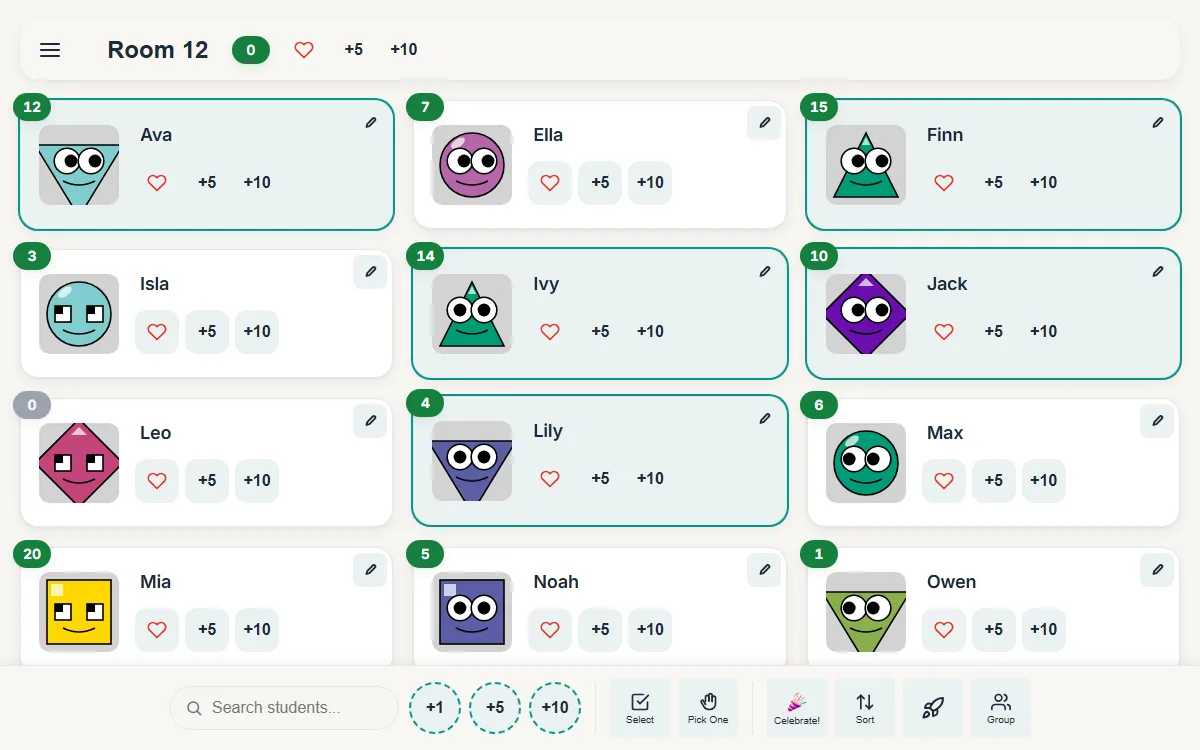 Several student cards selected with the bulk points bar showing +1, +5 and +10 buttons