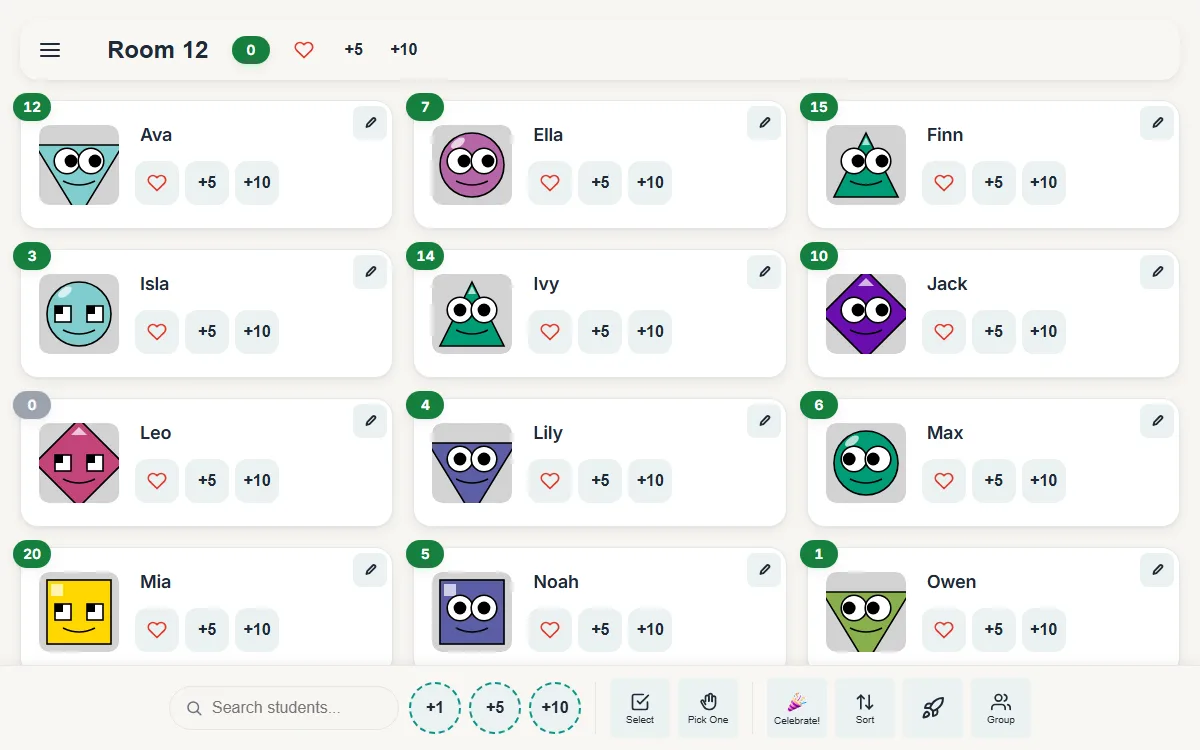 Class Points showing a class of colourful student avatars, each with a points total and buttons to add 1, 5 or 10 points