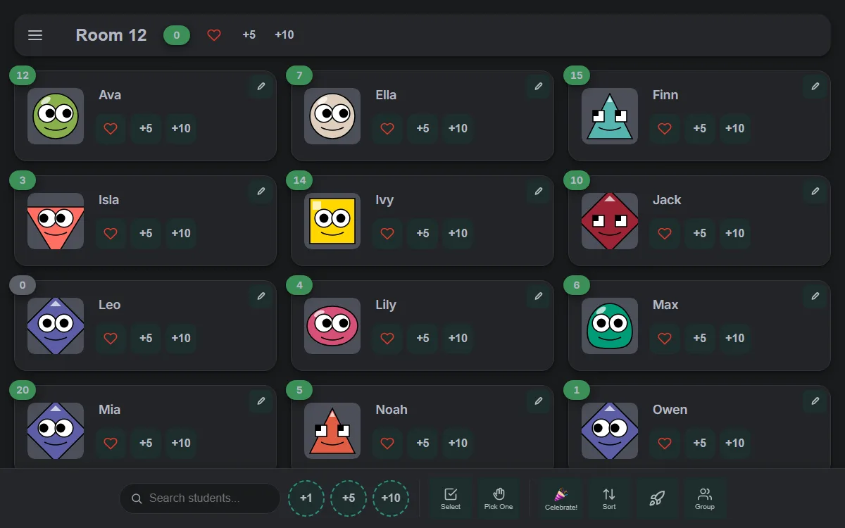 Class Points in dark mode showing a class of student avatars and their points